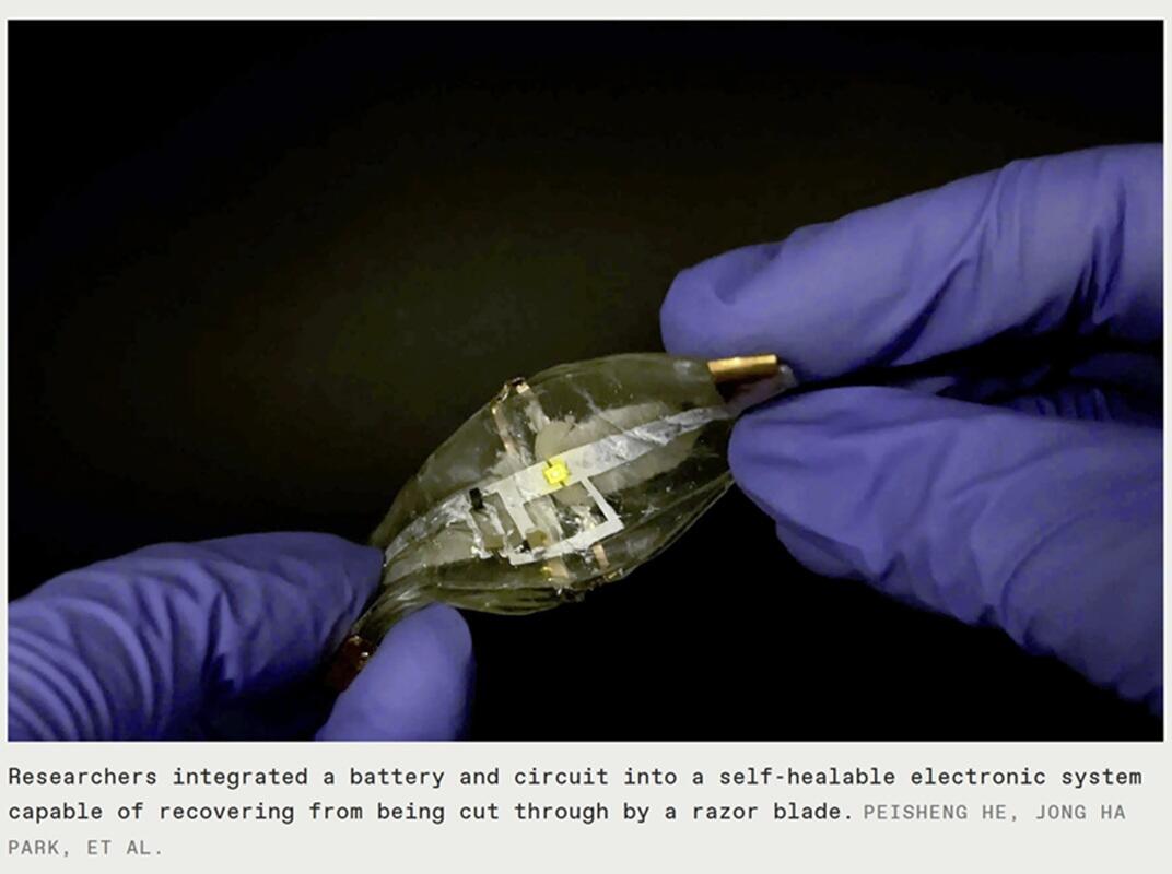 Researchers integrated a battery and circuit into a self-healable electronic system capable of recovering from being cut through by a razor blade.