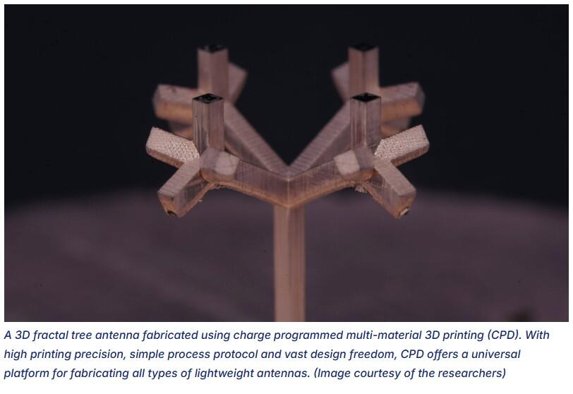 A 3D fractal tree antenna fabricated using charge programmed multi-material 3D printing (CPD). With high printing precision, simple process protocol and vast design freedom, CPD offers a universal platform for fabricating all types of lightweight antennas
