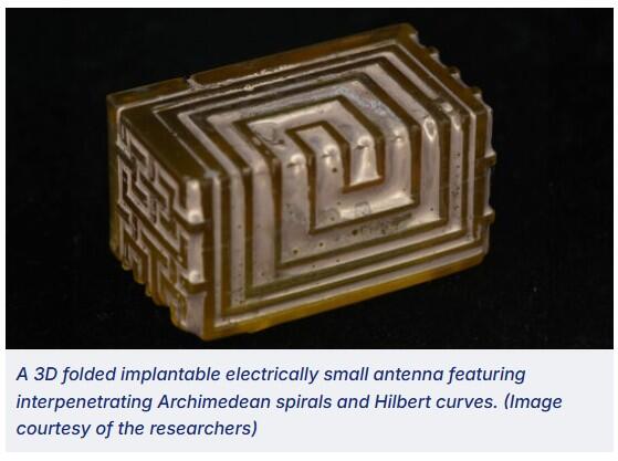 A 3D folded implantable electrically small antenna featuring interpenetrating Archimedean spirals and Hilbert curves.