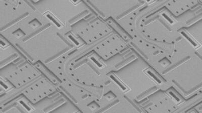 Scanning electron micrograph of the LiDAR chip showing the grating antennas. (Image by Kyungmok Kwon, UC Berkeley) Ming Wu Lab